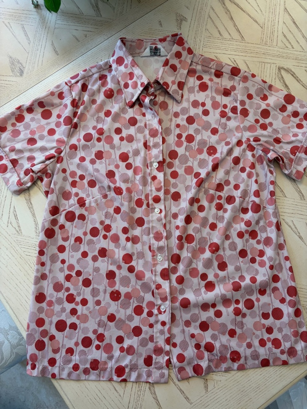 Vintage Sears Red & Pale Pink Polka Dot Button-Up Shirt / Mod / Geometric